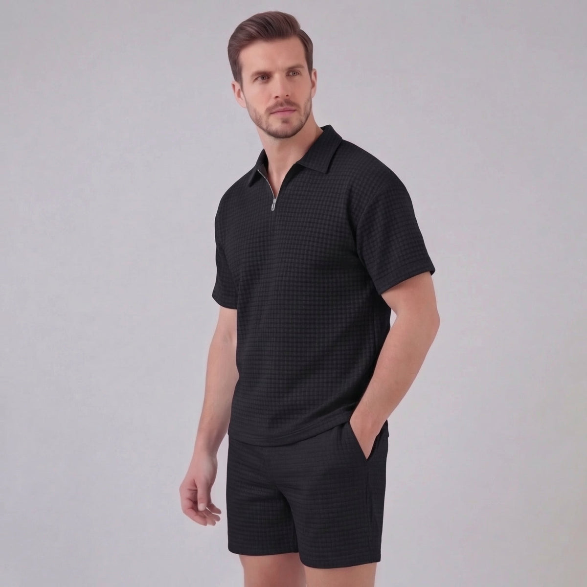 Waffle Knit Set Heren Zomer Casual Half Zip Polo